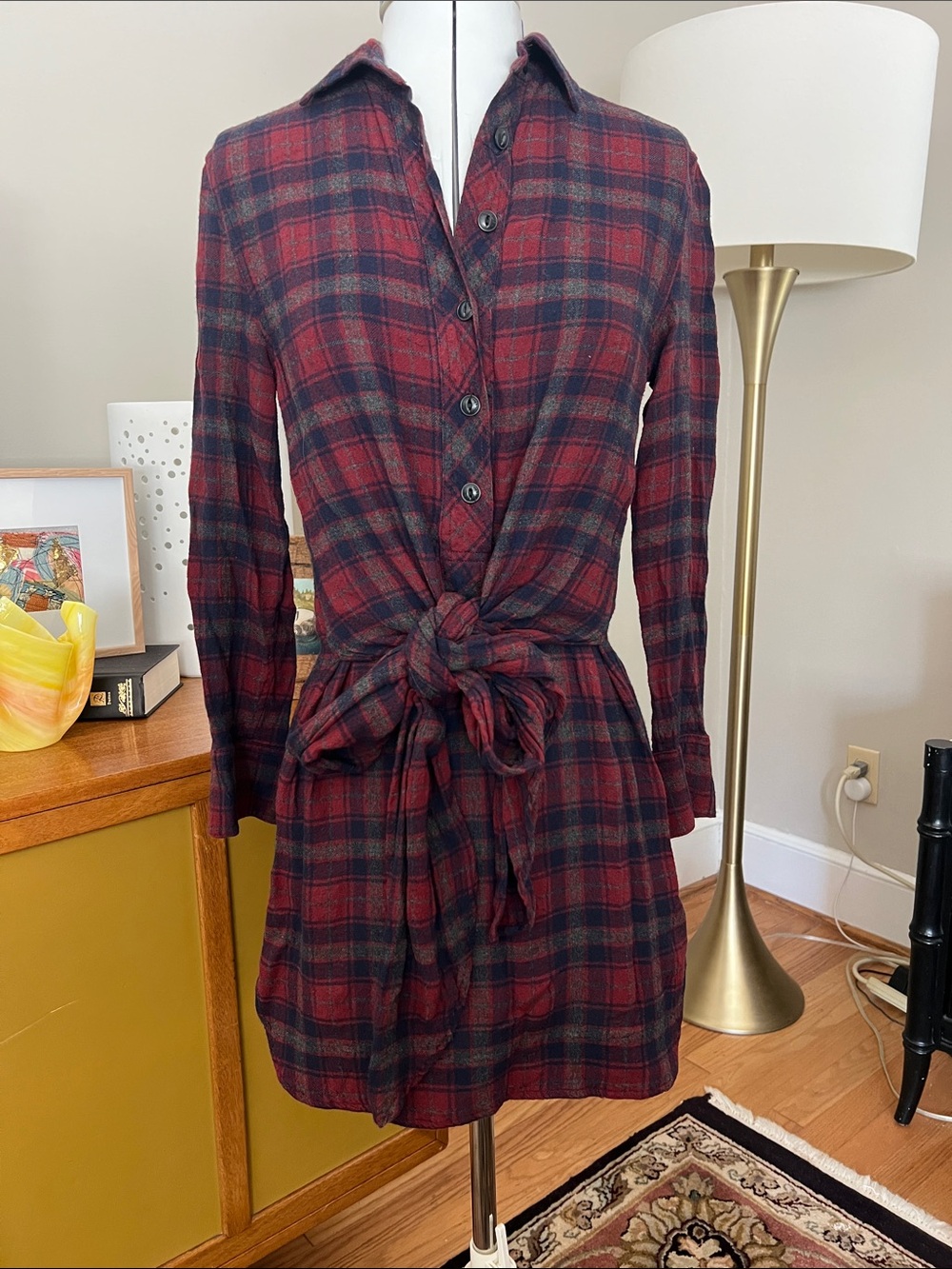 rag & bone Red and Black Plaid Tie-Waist Shirt Dress Felicity Dress